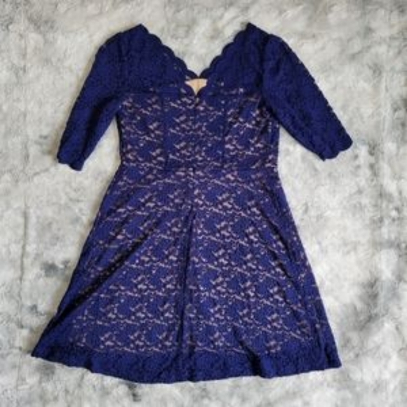 NWOT Dress Barn Blue 3/4 Sleeve Lined Lace Overlay Scalloped Blue Nude Dress 14 - Picture 3 of 10